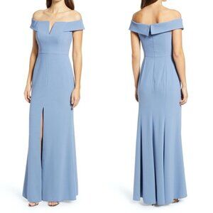 Dessy Collection Off the Shoulder Notch Trumpet Gown with Front Slit Size 2 NWT